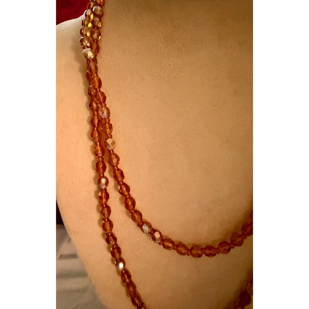 Vintage Amber Aurora Borealis Crystal Bead Necklace | Long Faceted Glass Beads |
